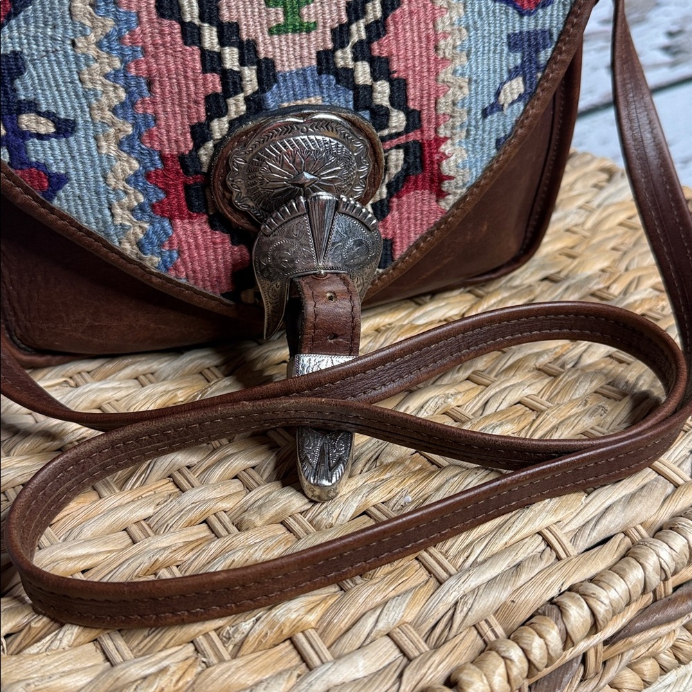 Handmade vintage western Aztec pattern Brown Leather Crossbody Bag with tapestry - Picture 13 of 14